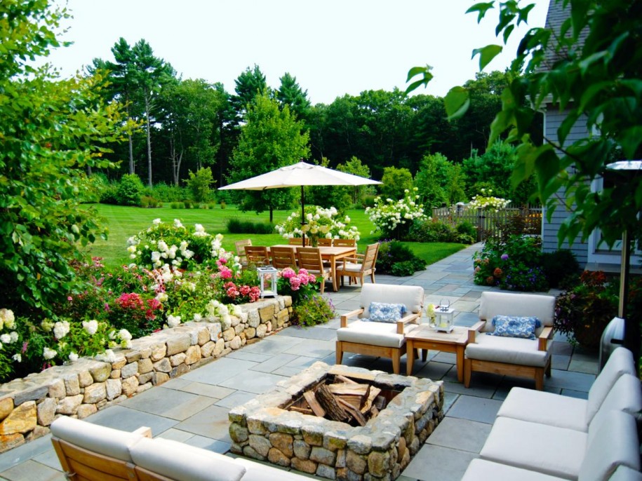 Awesome Backyard Makeover With Stone Fire Pit And White Sofa