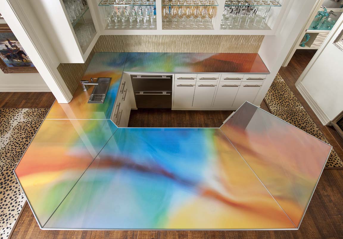 Interesting Design Kitchen With Rainbow Glass Countertop With