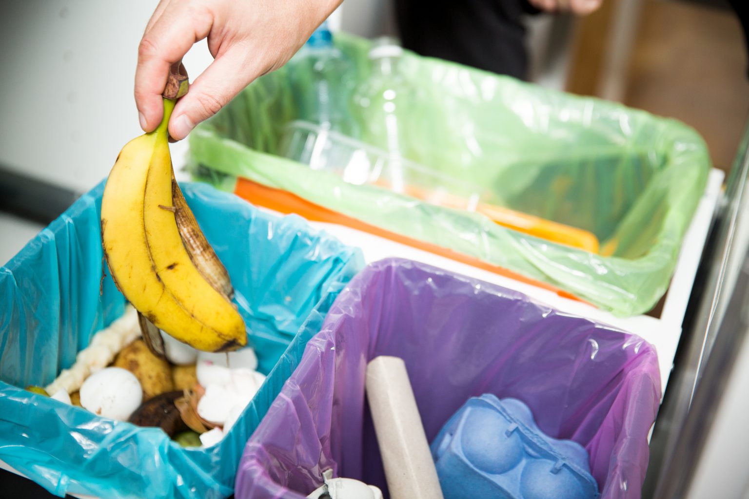 Woman putting banana peel in recycling bio bin in the kitchen. Person